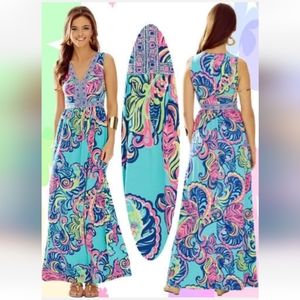 Lilly Pulitzer Addison Dress Deep Sea Blue Private Island V Neck Maxi Dress XS